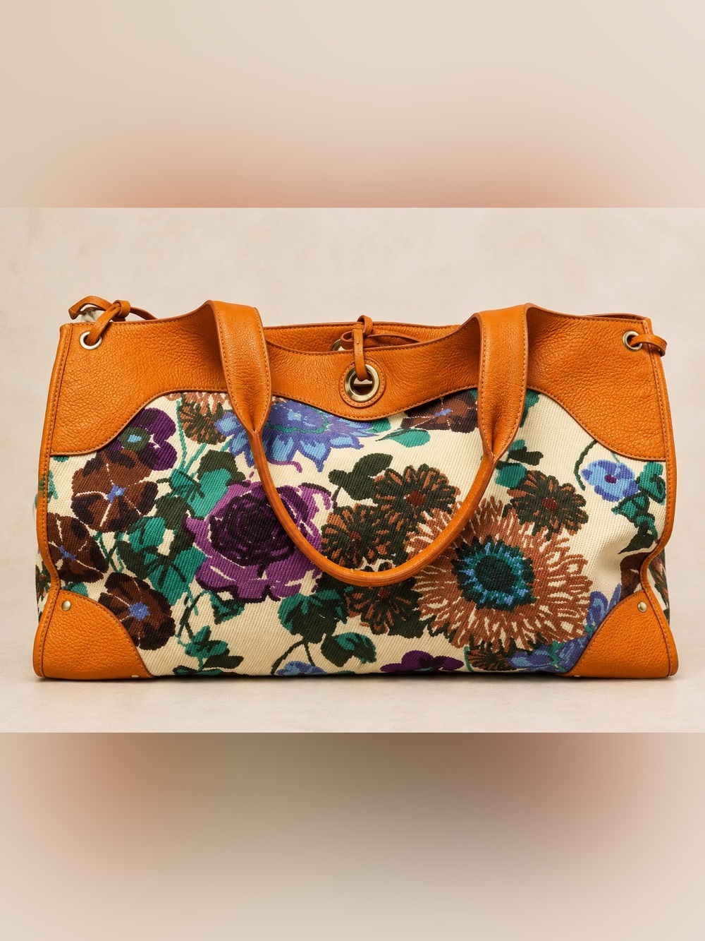 Car Shoe Vintage Floral Tote Bag with Tan Leather Trim by Prada